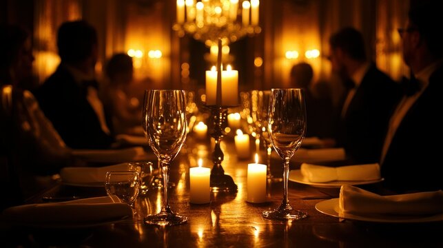 An elegant candlelit dinner with people gathered at a table