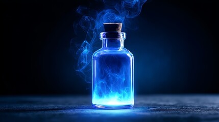 Glowing Blue Potion Bottle - A glass bottle filled with a glowing blue liquid, emitting smoke. Dark background. Mystical, magical, fantasy