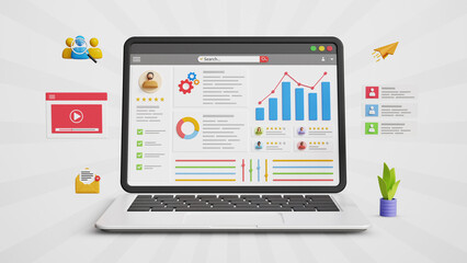 KPI dashboard, digital marketing analysis, sales and operations, business data analytics and growth chart. Business planning strategy dashboard and  market research on laptop screen. 3D illustration