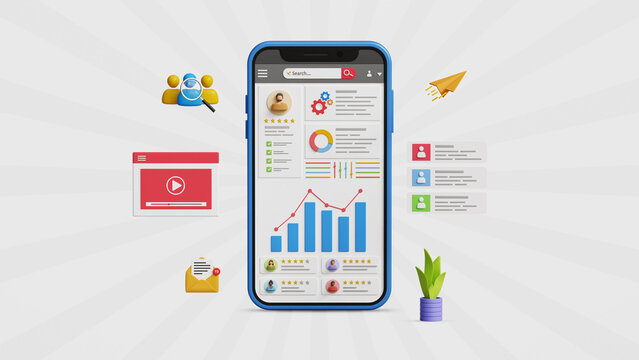 KPI dashboard, digital marketing analysis, sales and operations, business data analytics and growth chart. Business planning strategy dashboard and  market research on mobile screen. 3D illustration