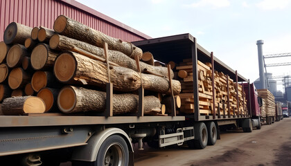 a truck with tree trunks. cargo transportation at a wood processing plant. logistics company for the transportation of raw materials for industry, photo. with white shades
