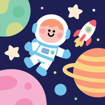 Happy Astronaut in Outer Space with Planets and Rocket &ndash; Cute Cartoon Illustration