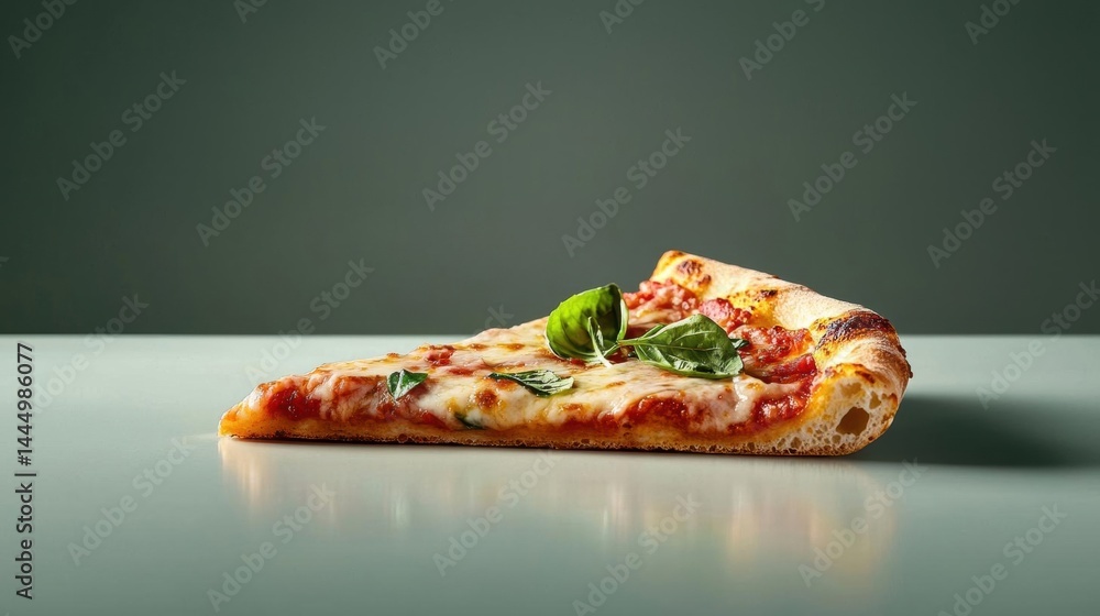 Poster slice of pizza on a white surface. the pizza is rectangular in shape and has a golden brown crust. i