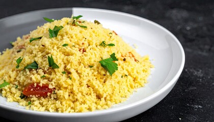 Couscous on a plate on a black background close-up 