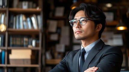 Fototapeta premium Confident young Asian businessman in suit and glasses poses in a modern office with arms crossed.