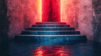 Neon-lit steps leading to a glowing red doorway in a dark, textured, walled space