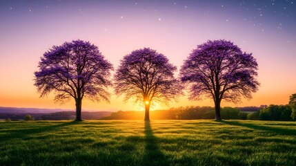 Naklejka premium Majestic purple trees silhouette at sunset in a tranquil field Serene landscape with stunning golden hour light