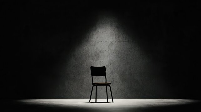A single wooden chair illuminated in a dark and empty space