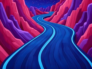 Obraz premium Winding Road Through Vibrant Purple and Pink Mountains at Night A Serene Night Drive Through Abstract Landscape