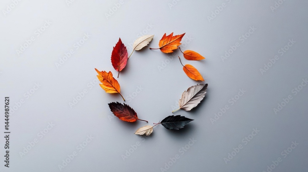 Poster flat lay of a wreath made of autumn leaves. the leaves are arranged in a circular pattern on a light