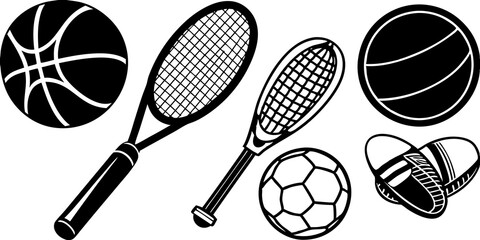 Sports equipment set including soccer ball, basketball, tennis racket, golf club, and baseball bat.