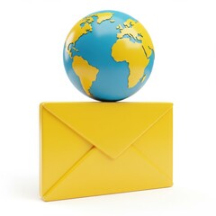 Global email concept globe on yellow envelope isolated on white background