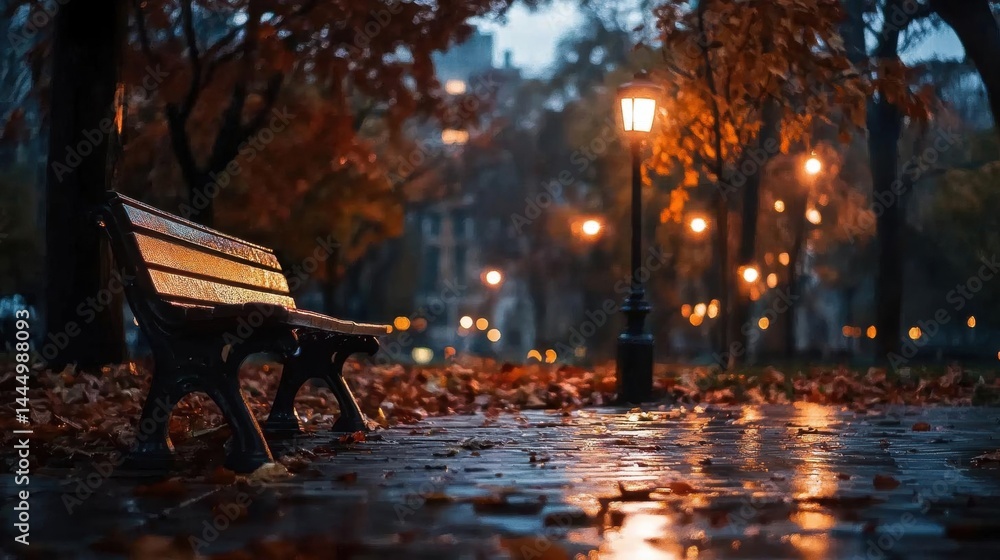 Poster park bench on a wet pavement with fallen leaves scattered around it. the bench is empty and is facin