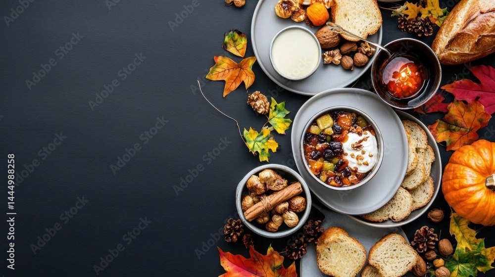 Poster flat lay of a thanksgiving-themed flat lay on a dark grey background. there are several plates and b