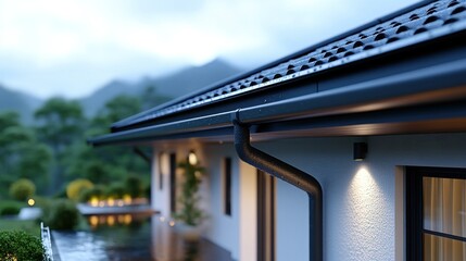 Obraz premium Exterior home with dark gutters and a view of mountains