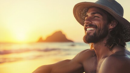 Happy man smiling at the beach during a beautiful sunset