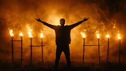 A silhouetted person stands with arms raised amongst torches and flames