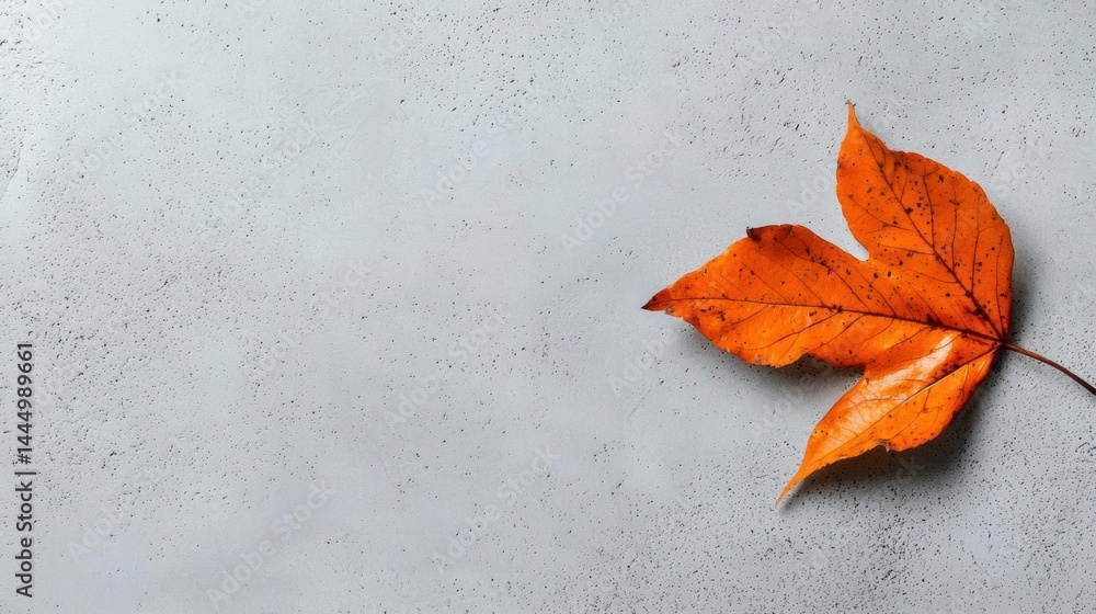 Poster close-up of an orange maple leaf on a gray textured surface. the leaf is lying flat on the right sid