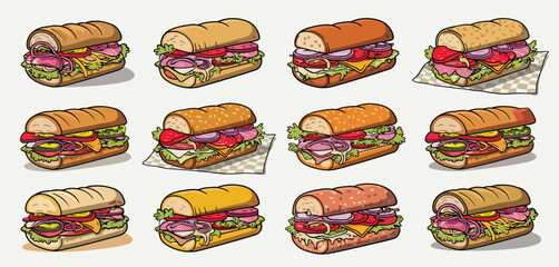 Twelve Delicious Sub Sandwiches Illustration