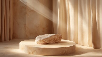 Beige Stone Product Display with Sunbeam Lighting