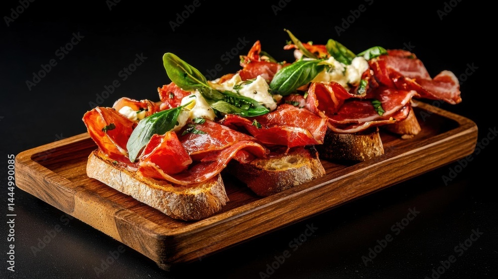Poster wooden serving board with a variety of appetizers on it. on the board, there are several slices of t