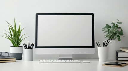 Minimalist Desk Blank Screen Plants and Pencils