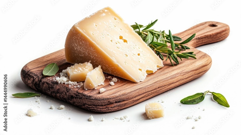 Poster wooden cutting board with a block of cheese on it. the cheese is a light yellow color and has a smoo