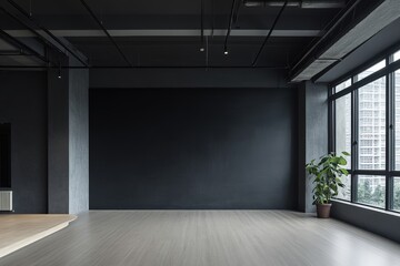 Obraz premium Modern Empty Studio Interior with Black Wall, Hardwood Floor, Plant & City View Windows