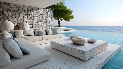 Luxurious Modern Outdoor Patio Design with Infinity Pool and Stone Wall