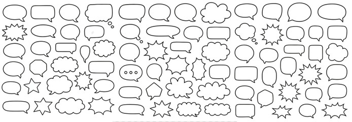 Set of hand-drawn vector comic speech bubbles and thought clouds in various shapes including oval, rectangle, starburst, cloud, and pointed styles