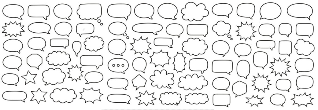 Fototapeta Set of hand-drawn vector comic speech bubbles and thought clouds in various shapes including oval, rectangle, starburst, cloud, and pointed styles