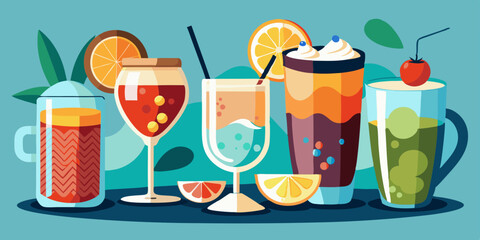 Beverage collection of coffee cup, tea mug, smoothie glass, soda can, and cocktail drink. Flat vector illustration of popular drinks set for cafe, restaurant, and menu design.

