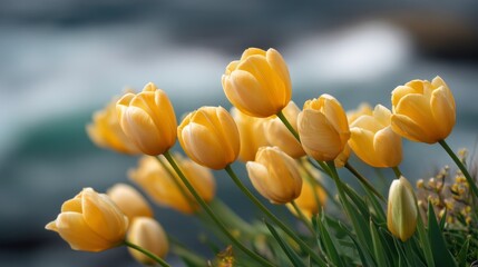 Obraz premium Bright yellow tulips sway gently under the warm sun, facing a tranquil body of water. The gentle breeze combined with lush greenery creates a peaceful atmosphere, celebrating nature's beauty