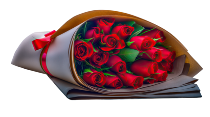 Red Roses Bouquet: A romantic bouquet of vibrant red roses, beautifully wrapped with brown paper and tied with a elegant red ribbon, representing love and beauty. 