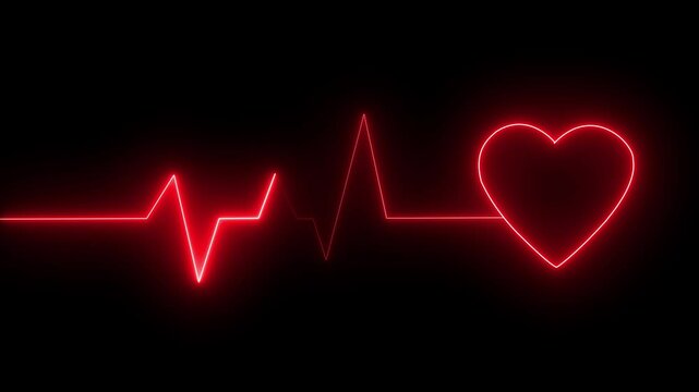 Glowing red neon Heartbeat line icon  animation. Pulse trace, ECG or EKG Cardio graph symbol for Healthy and Medical Analysis Pulse Rate Monitor, line neon heartbeat  animation on black background.lv