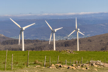 wind power plants against a blue sky on a bright sunny day
