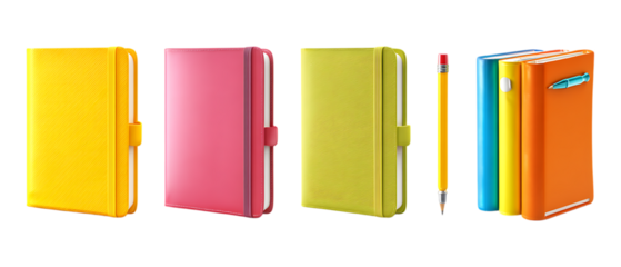 Pack of Notebook in Five Different Poses Against Transparent Background for Stationery Branding, Office Supply Promotion, or Writing Design Projects