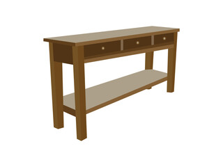 Wooden console table with three drawers and open shelf in flat style