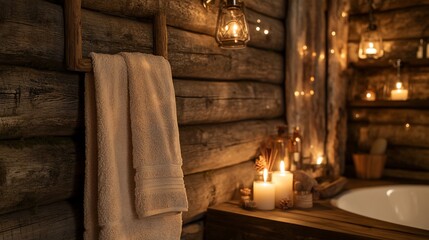 Rustic, cozy bathroom with warm lighting and natural elements