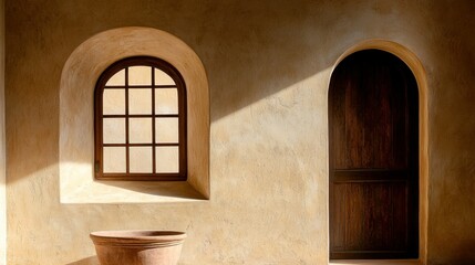 Fototapeta premium A rustic architectural detail with arched window and door frame