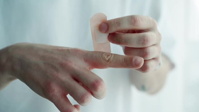 A man in a white T-shirt wraps a bandage around his finger.
A medical bandage on the hand of an injured person.
My finger hurts.
A cut on my finger.
A finger injury.