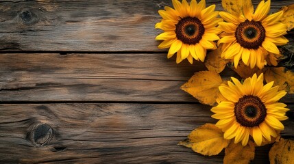 Rustic charm: A vibrant sunflower arrangement on weathered wooden planks surface