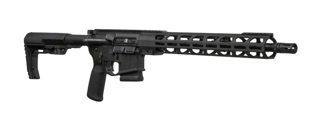 Modern black tactical AR-style carbine rifle isolated on white background