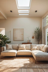 A cozy living room featuring a large beige sectional sofa with multiple cushions, a skylight allowing natural light, and indoor plants.