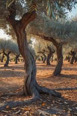 A serene olive grove featuring twisted, gnarled trees with silvery leaves. The warm sunlight casts soft shadows on the ground, highlighting the earthy tones of the soil and fallen leaves.