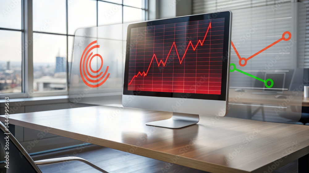 Poster modern monitor displaying red alert graph bright office setting, symbolizing urgency