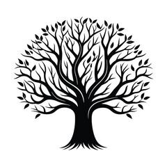 Obraz premium Silhouette Round Tree Design with Branches and Leaves Isolated on White Background