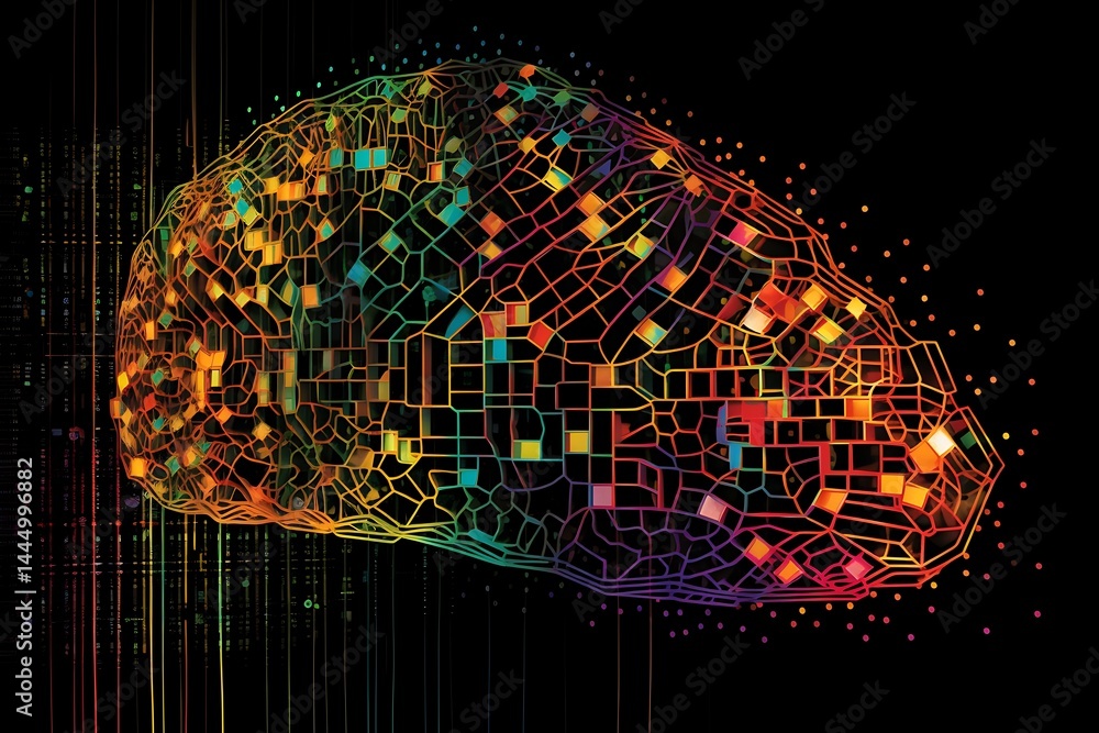 Aufkleber abstract digital brain illustration with vibrant multicolored pixels and lines against a black backg