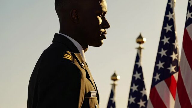 Young respectful african american soldier in uniform standing near american flags, commemorating memorial day, veterans day, or independence day, embodying patriotism and military service - Powered by Adobe