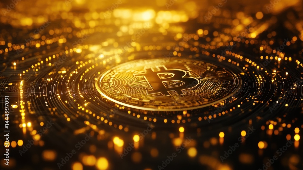 Poster golden bitcoin coin set in a digital network.